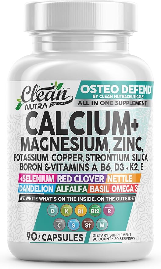 Allin1 Calcium Magnesium Zinc Supplement with Potassium Copper Strontium Silica Vitamin D3 K2 Boron Vitamin B1 B12 Red Clover Herb Alfalfa Basil Pills for Men &amp Women Clean Nutra Osteo Defen