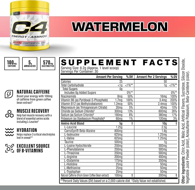 Cellucor C4 Energy + Aminos Powder 5g BCAAs &amp EAAs for Muscle Recovery 3 Electrolytes for Hydration 100mg Natural Caffeine Pre Workout Zero Sugar 30 Servings Watermelon