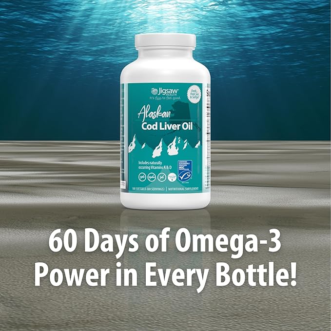 Jigsaw Health Alaskan Cod Liver Oil | 900 mg Omega-3s with EPA DHA and DPA | Includes Naturally Occuring Vitamins A &amp D | 180 Softgels | 60 Servings