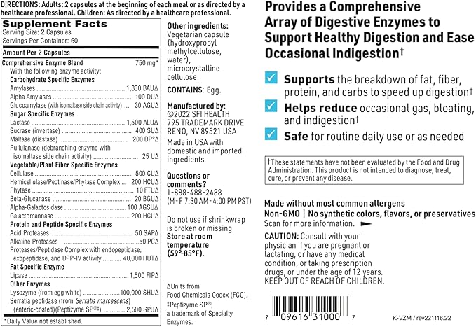 SFI Health Multi Enzyme Supplements for Digestive Health - Ther-Biotic Vital-Zymes Complete - Digestive Enzymes to Help Ease Indigestion &amp Aid Nutrient Absorption (120 Capsules)