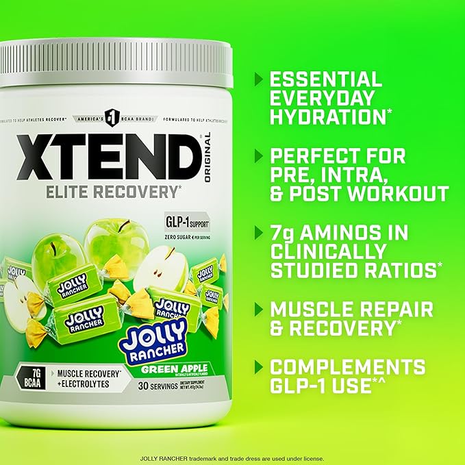 Xtend Original BCAA Powder 7g BCAAs and 2.5g L-Glutamine for Muscle Recovery Hydration and Lean Muscle Sugar Free Intra and Post Workout Drink with Green Apple Jolly Rancher 30 Servings