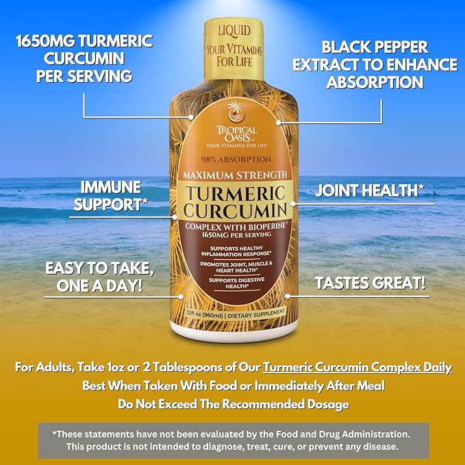 Tropical Oasis Liquid Turmeric Curcumin w/Bioperine - 1650mg Maximum Strength Turmeric Supplement with Black Pepper &amp Vitamin C - 98% Absorption Rate - 32oz