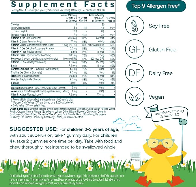True Grace True Littles Daily Kids Multi - 120 Pectin Gummies - Immune Cognitive Bone &amp Eye Support - Clinically Studied Lutemax Kids Lutein &amp Vitamin D3 + K2 - Allergen Free &amp Vegan - 1