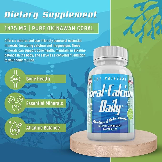 Daily Health - Pure Okinawa Coral Calcium - Marine-Grade Supplement with 72 Trace Minerals - 1475mg 270 Vegetable Capsules (3 Month Supply)