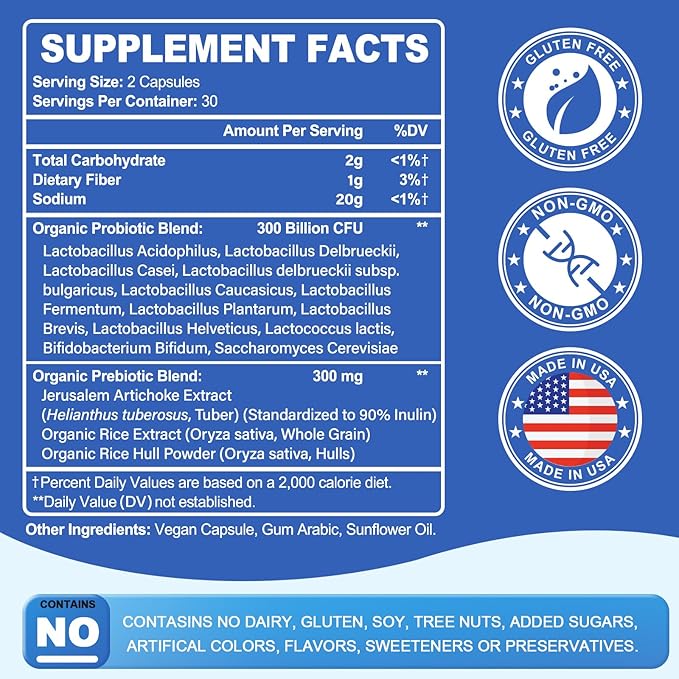 Probiotic 300 Billion CFU - 12 Strains with Organic Prebiotics for Digestive &amp Gut Immune Bloating Health - Probiotics for Women and Men - Daily Dairy Free Shelf Stable - 120 Counts