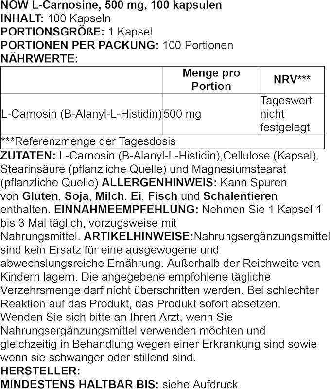 NOW Foods Supplements L-Carnosine (Beta-Alanyl-L-Histidine) 500 mg Healthy Aging 100 Veg Capsules(Pack of 2)