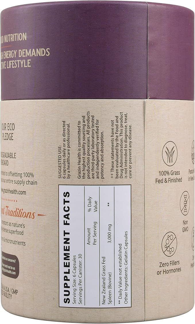 Grass Fed Bovine Spleen Capsules 3000 mg Per Serving Whole Food Organ Supplement with Naturally Occurring Peptides and Micronutrients for Daily Nutrition and Wellness Support 30 Servings