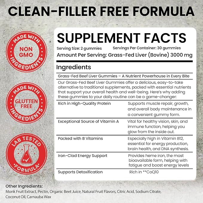 Beef Liver Supplement Grass Fed | Beef Organs Gummies for Women | Pasture Raised in New Zealand | High in Vitamin A B12 &amp Heme Iron | Non-GMO | Hormone &amp Pesticide Free | Tastes Delicious | 60