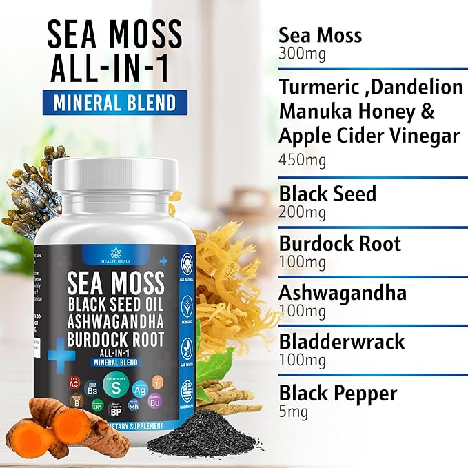 Sea Moss Black Seed Oil Ashwagandha Bladderwrack Burdock - 120 Count