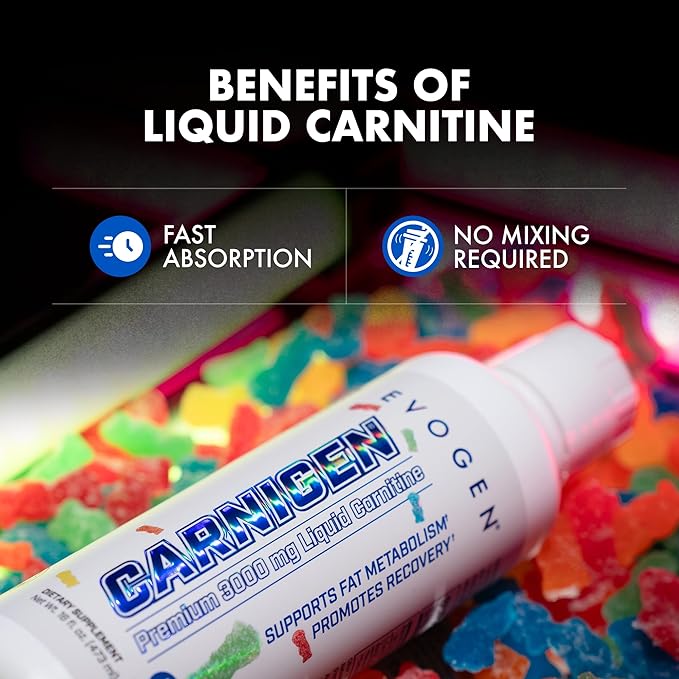 Evogen Carnigen Premium L Carnitine Liquid – L Carnitine 3000 Supplement | L Carnitine Supplement for Fat Metabolism &amp Recovery | Acetyl L-Carnitine | Caffeine Free | Sour Gummies | 31 Servings