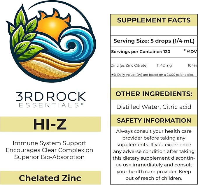 3rd Rock Essentials HI-Z Liquid Zinc Drops – Chelated Zinc Citrate Supplement Immune Support 120 Servings Easy Absorption Vegan Unflavored Mineral Drops 1 Fl Oz