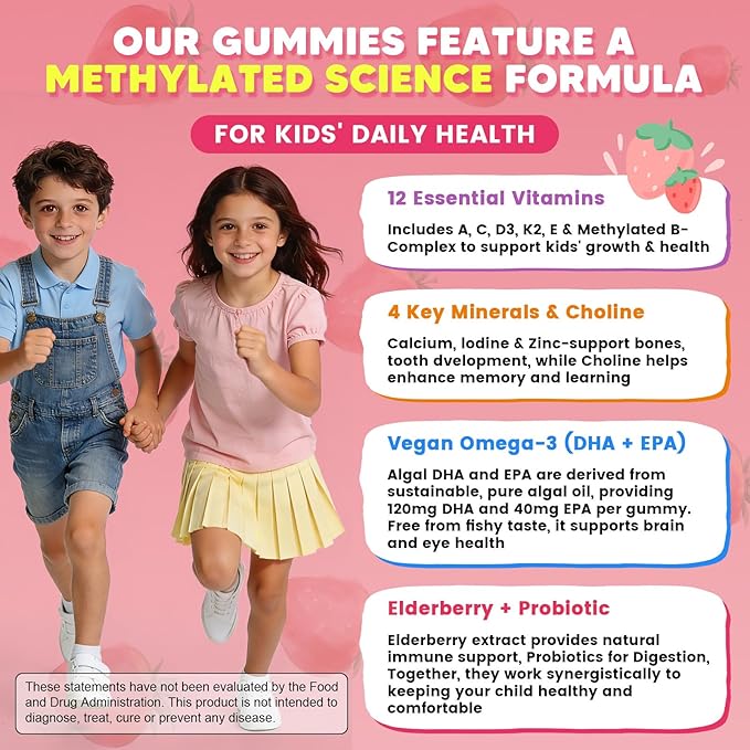 Kids Methylated Multivitamin Gummies with Omega 3 Multivitamin for Kids &amp Teens 4+ w/L Methylfolate &amp B12 Calcium Probiotics Elderberry 16 Vitamins for Healthy Growth Immune Support Sug
