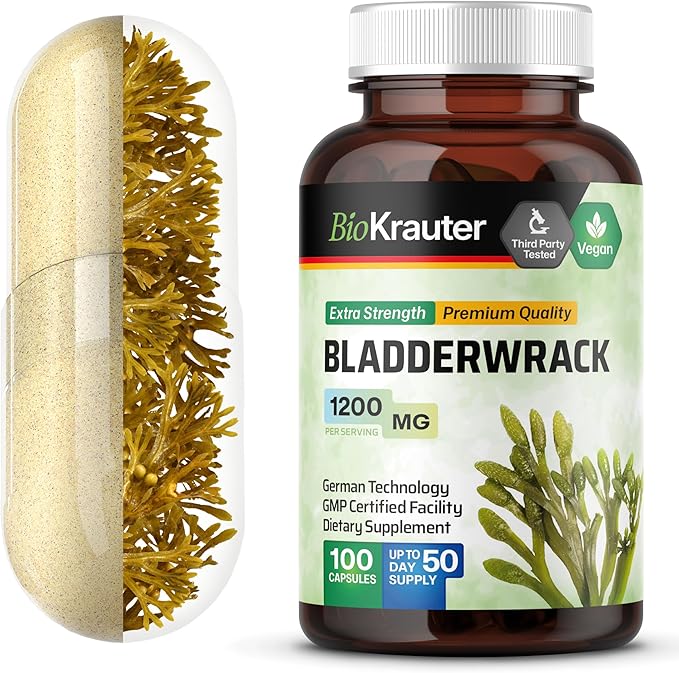 BIO KRAUTER® Bladderwrack for Thyroid Support - Vegan Iodine Supplement 1200 mg per Serving - Bladderwrack 100 Capsules 50 Days of Supply Non-GMO - Natural Seaweed Supplement