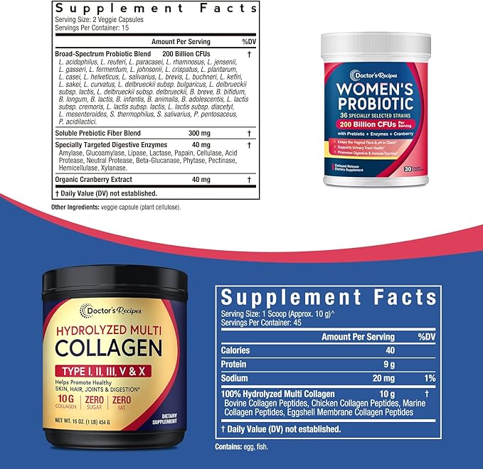 Doctor's Recipes Multi Collagen Peptides Powder 16oz and Probiotics for Women 30 Caps
