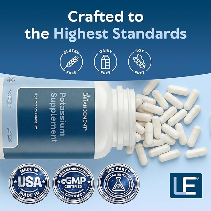 Life Enhancement High Potency 1020 mg Potassium Supplement for Muscle Brain &amp Bone Health - No Additives High Absorption Elemental Potassium Supplement Made in USA (240 Capsules – 120 Servings)