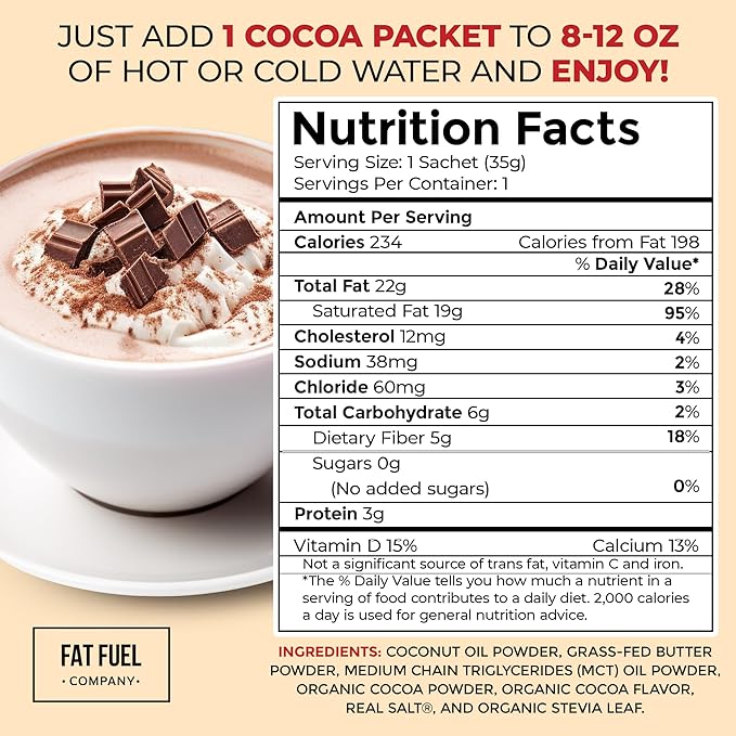 Fat Fuel Keto Cocoa 22g Premium Fats - with Grass Fed Butter MCT Oil Coconut &amp Redmond Real Salt - Instant Organic Cocoa One Net Carb A True Meal Replacement - 15 Servings