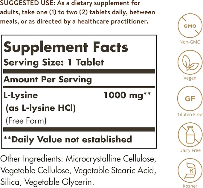 Solgar L-Lysine 1000 mg 250 Tablets - Enhanced Absorption and Assimilation - Promotes Integrity of Skin and Lips - Collagen Support - Amino Acids - Non-GMO Vegan Gluten Free-250 Servings(Pack of 2)