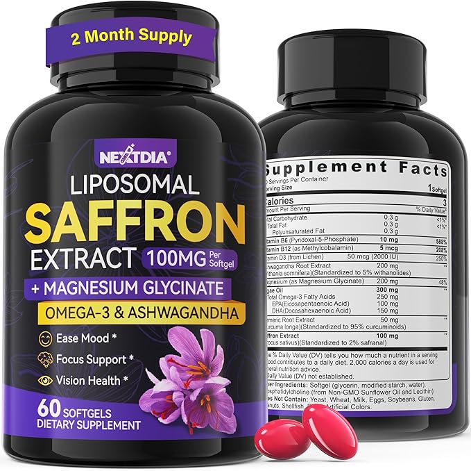 Nextdia Saffron Supplements - 100mg Liposomal High Absorption 100% Pure Saffron Extract with Magnesium Glycinate Omega-3 Turmeric Ashwagandha Vitamin B6 B12 D3 for Mood Brain - 60 Softgels.
