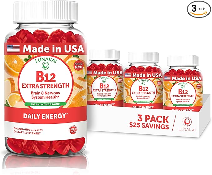 Lunakai Extra Strength 3000mcg Vitamin B12 Gummies - USA Made Delicious Daily Energy &amp Metabolism Support - Vegan B12 Methylcobalamin Supplement 60ct 3 Pack