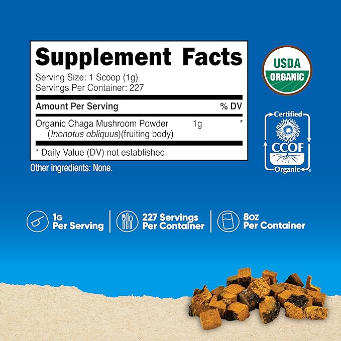 Nutricost 100% Organic Chaga Mushroom Powder 8oz (227 Servings) - Certified USDA Organic Gluten Free &amp Non-GMO