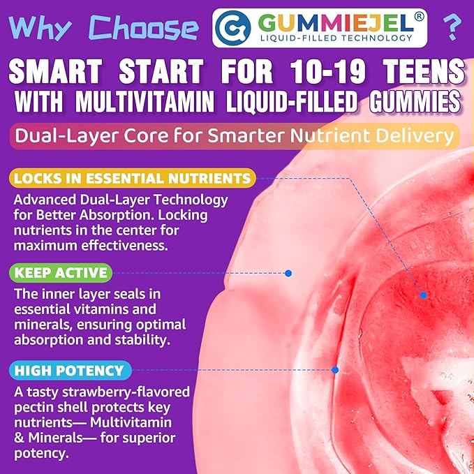 Nextdia Multivitamin Filled Gummies for Teen Boys Girls 12-17 18 19 Kids 10+ Multivitamin with Omega 3 Calcium + Magnesium + Zinc Multi-Minerals for Adolescent 10-19S Brain Bone Energy Immune