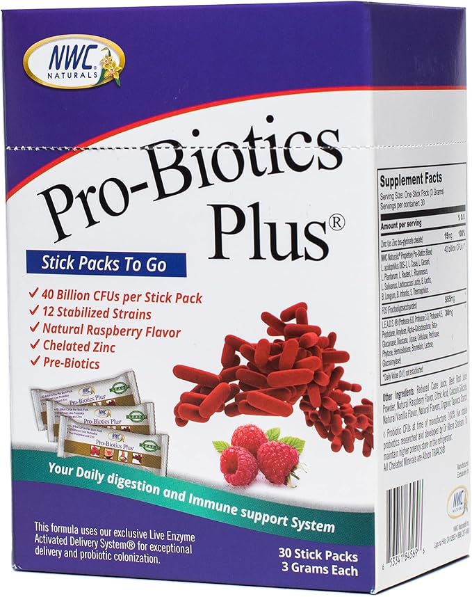 NWC Naturals Pro-Biotics Plus Stick Pack of 30 On the Go Pro-Biotic Powder Packets for Men Women &amp Kids - Immune System Support Natural Probiotic and Prebiotics Supplement