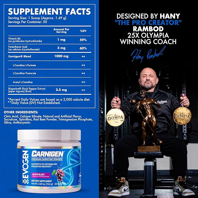 Evogen Carnigen - Premium Carnitine Powder | Supports Fat Metabolism &amp Promotes Recovery | Stimulant-Free L Carnitine Supplement Matrix with Acetyl L-Carnitine | Grape | 50 Servings