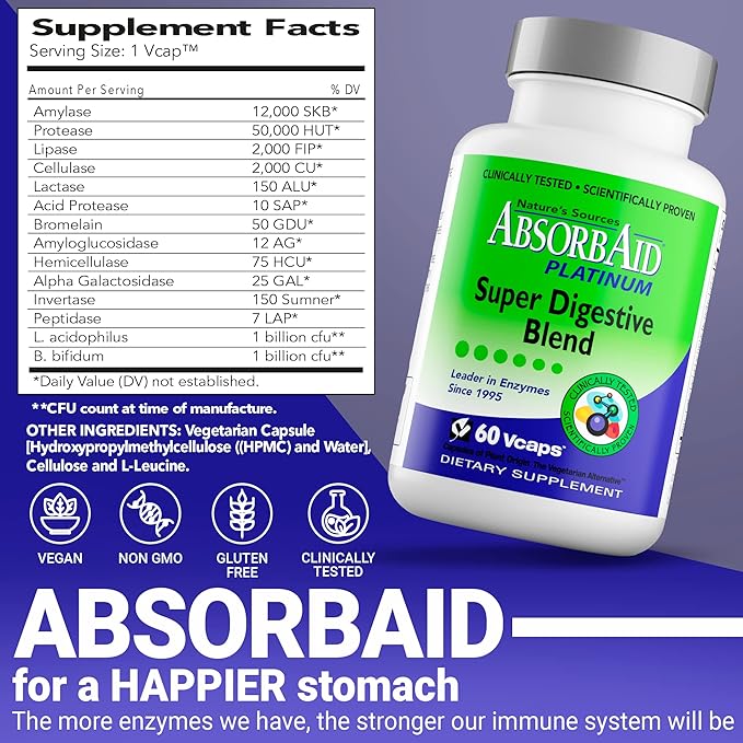 AbsorbAid Platinum Digestive Enzyme Support 60 vCaps 12 Digestive Enzymes PLUS 2 Probiotics for Maximum Relief