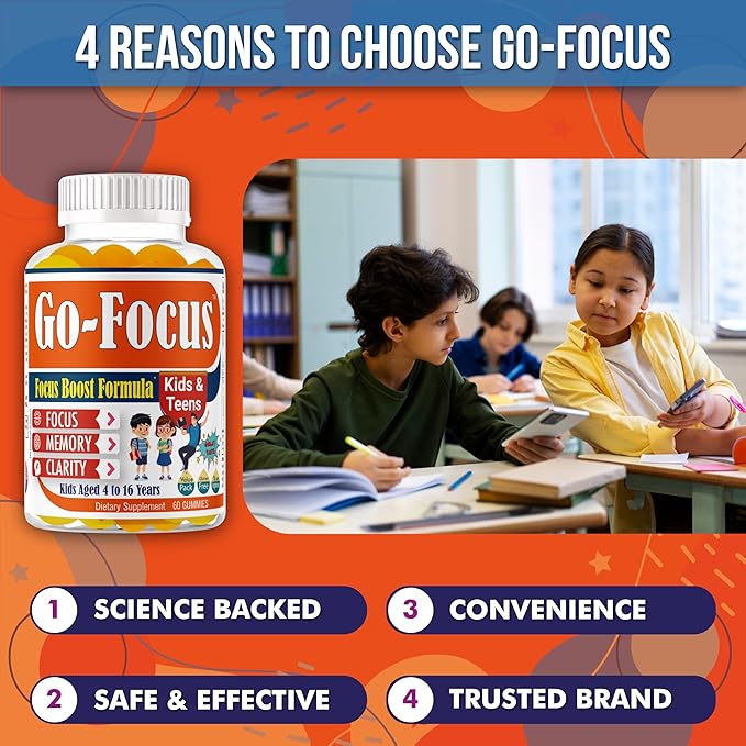 BrightKids Brain Supplements for Memory and Focus Omega 3 &amp DHA Focus Gummies for Kids Memory Booster Focus Supplement for Kids &amp Teens- Low-Sugar Natural Fruit Flavor 60 Gummies