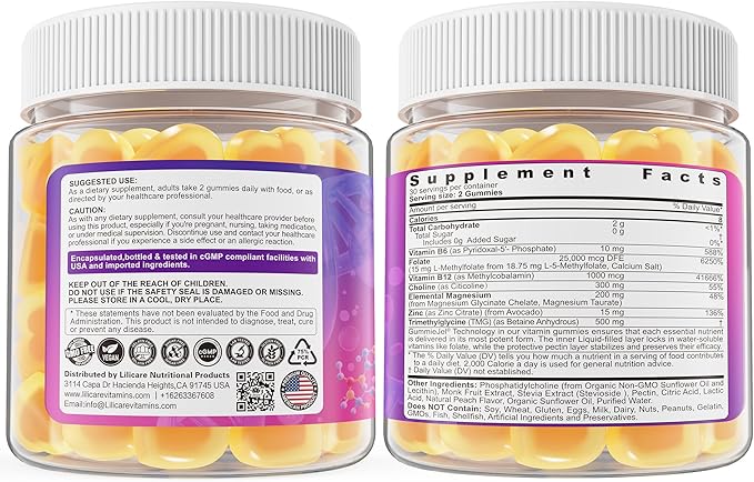 L-MethylFolate 15mg 7.5mg &amp B12 1000 mcg Gummies Methylated B Complex + TMG Magnesium Choline - Active 5-MTHF(B9) + Methyl B12 B6 Multivitamin - Support Methylation Cognition Mood Sugar Fr
