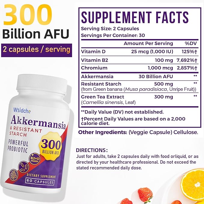 300 Billion AFU Akkermansia Muciniphila Supplement for Women &amp Men Akkermansia Probiotic Digestive Gut Immune &amp Overall Health Enhances Gut Digestive Lining Function - 240Capsule