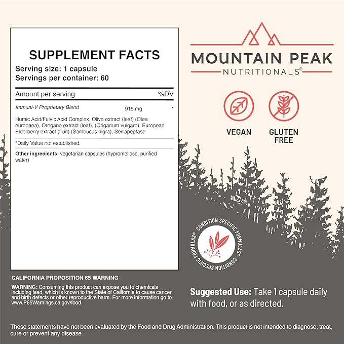 Mountain Peak Nutritionals Immuni-V - Immune System &amp Whole Body Support Supplement - Natural Antioxidant Booster with Humic Acid Olive Extract &amp Elderberry (60 Vegetarian Capsules)