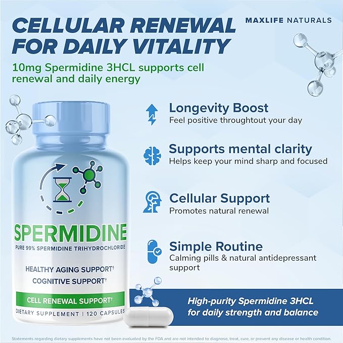 Pure Spermidine Supplement with Trihydrochloride 3HCL 10mg - 120 Capsules - Spermidine Supplements for Women for Brain Vitality Cell Repair Anti Aging Supplement for Men Longevity Supplements