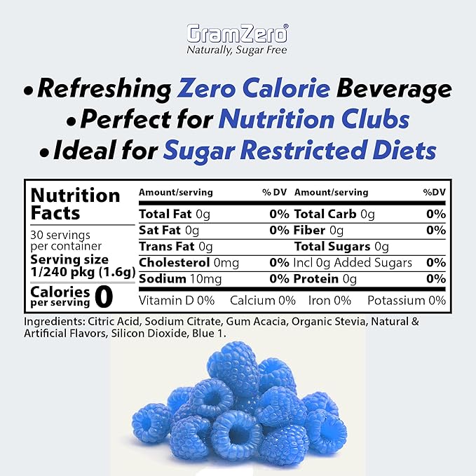 GramZero All Natural Blue Raspberry Zero Calorie Sugar Free Drink Mix Great For Nutrition Club Loaded Tea Stevia Sweetened