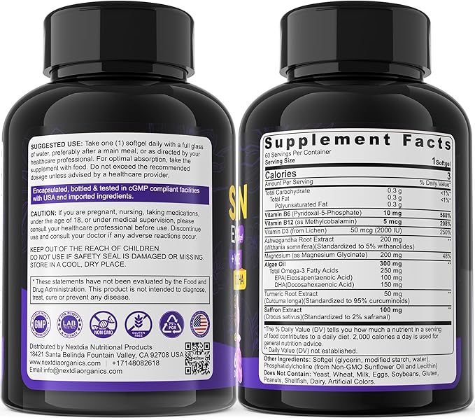 Nextdia Saffron Supplements - 100mg Liposomal High Absorption 100% Pure Saffron Extract with Magnesium Glycinate Omega-3 Turmeric Ashwagandha Vitamin B6 B12 D3 for Mood Brain - 60 Softgels.