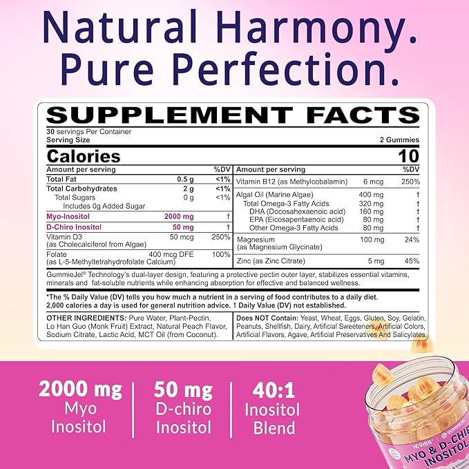 2 Pack Myo-Inositol &amp D-Chiro Inositol Hormone Balance for Women | Sugar Free Inositol Gummies w/ Omega 3 MTHF Folate Vitamin D3 B12 Magnesium &amp Zinc for Ovarian Health Ideal 40:1 Ratio