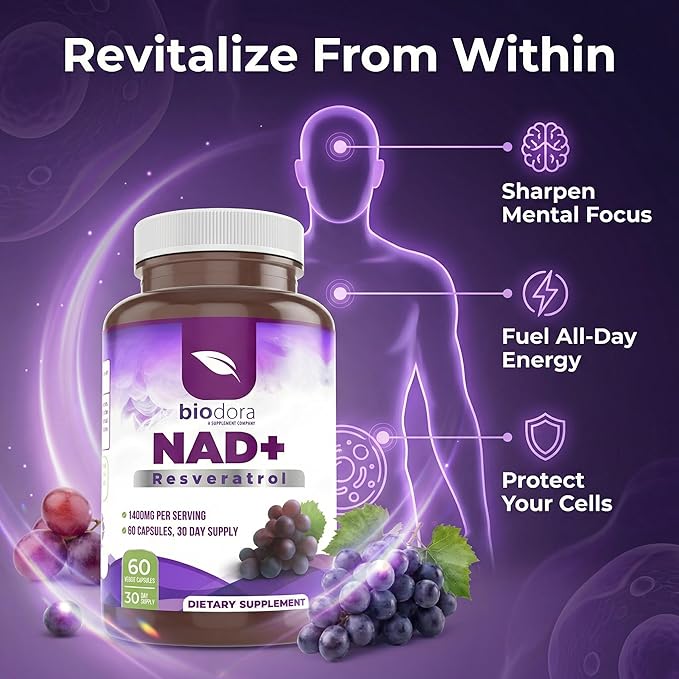 Resveratrol NAD+ 1400mg | Trans-Resveratrol Antioxidant NAD Supplement with NAD | Support Cellular Health Energy &amp Anti Aging (60 Capsules)