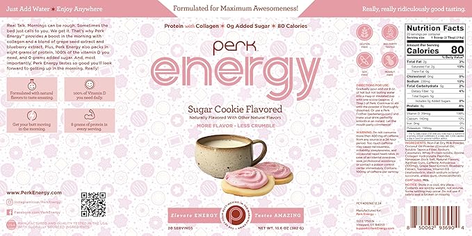 Perk Energy Drink Mix (Sugar Cookie) 20 Servings - Caffeinated Healthy Coffee Alternative with Protein 100mg of Caffeine Gluten-Free Soy-Free Peanut-Free