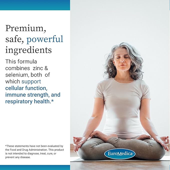 EuroMedica Zinc Plus Selenium - Immune &amp Respiratory Health Support Supplement - Mineral Supplement with Zinc Bisglycinate Chelate - Formula with Selenium for Cellular Health Support - 60 Capsules