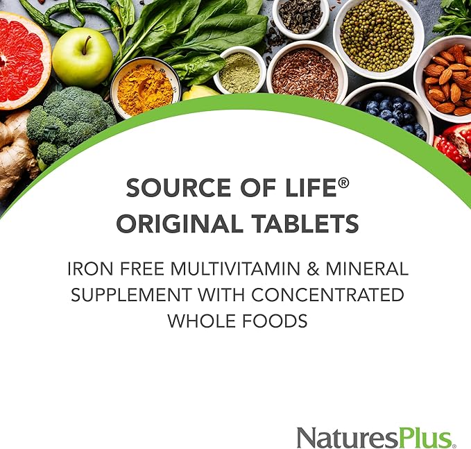 NaturesPlus Source of Life No Iron - 180 Tablets Pack of 2 - Multivitamin &amp Mineral Supplement with Vitamin D3 - Supports Energy &amp Well-Being - Gluten Free Vegetarian - 120 Total Servings