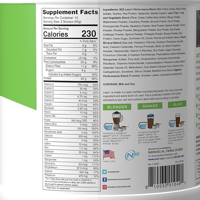 Lean1 meal replacement protein powder chocolate flavor 15 serving tub