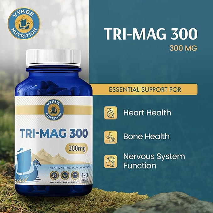 Vykee Nutrition Tri-Mag 300 Triple-Source Magnesium Complex – Supports Heart Nerve and Bone Health – Vegan Non-GMO Gluten-Free – 300 mg 120 Count