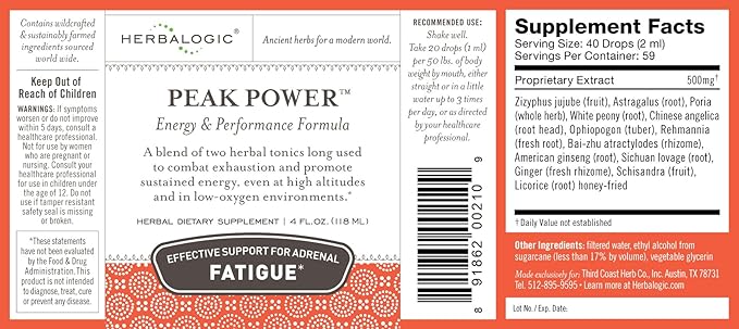Herbalogic - Peak Power Liquid Herb Drops - Stimulant-Free Natural Energy Formula to Combat Adrenal Fatigue &amp Improve Physical Stamina - Contains American Ginseng &amp Astragalus - 4 Fl. Oz.