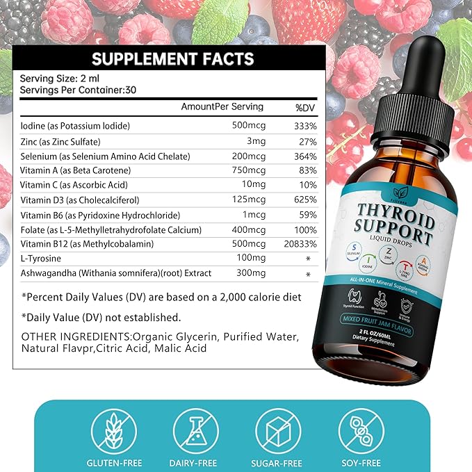 （2 Pack）Thyroid Support For Women And Men Liquid DropsThyroid Drops With Selenium Zinc Iodine L-Tyrosine Ashwagandha For Energy &amp Metabolism Support Hormone BalanceVeganAdditives Free - 4 Fl.