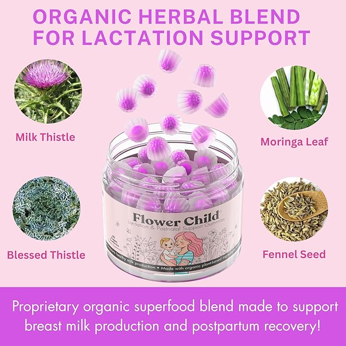 Flower Child Breastfeeding Gummies for Milk Production with Organic Moringa Milk Thistle Choline &amp DHA Lactation Supplement Postnatal Recovery Vitamins Fenugreek Free Vegan 60 Count