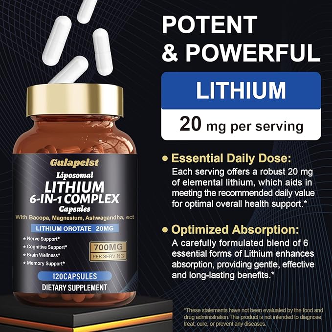Lisopomal Lithium Orotate Complex Capsules Lithium Orotate 20 mg Magnesium Glycinate &amp Ashwagandha Brain Health Supplements for Cognitive Mood &amp Memory – Non-GMO 120 Vegan Capsules