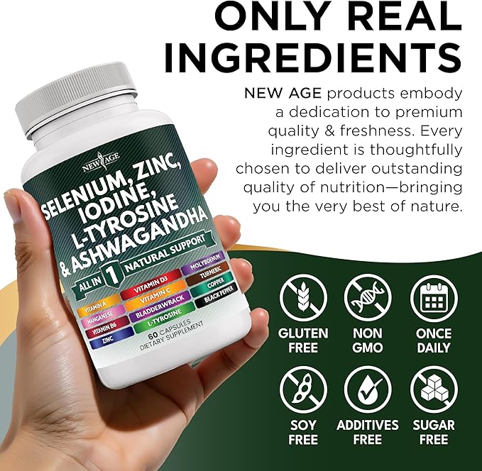Selenium Zinc Iodine L Tyrosine Ashwagandha - Support Supplement for Women and Men with Bladderwrack Turmeric Silica Kelp Schisandra - 60 Count