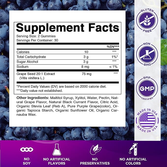 Vitamatic Grape Seed Extract Gummies – Plant-Based Botanical Extract – Natural Grape &amp Black Currant Flavor – Vegan Non-GMO – Herbal Supplement – 60 Gummies - 2 Pack