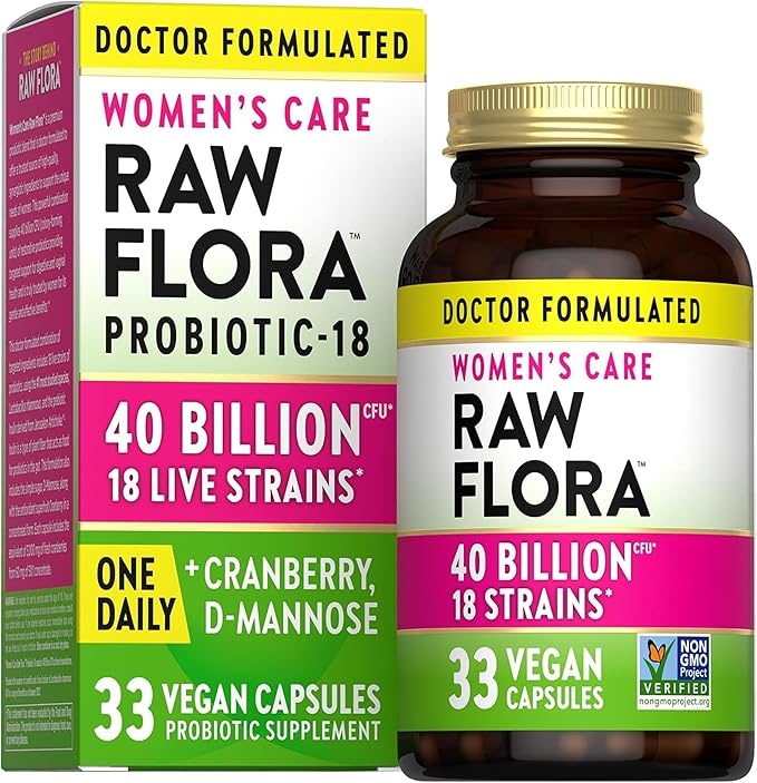 Raw Flora Women's Probiotics | Dr. Formulated 40 Billion CFU + Prebiotics | Digestive Vaginal &amp Urinary Support | 33 Vegan Capsules with Cranberry &amp D-Mannose | Shelf Stable