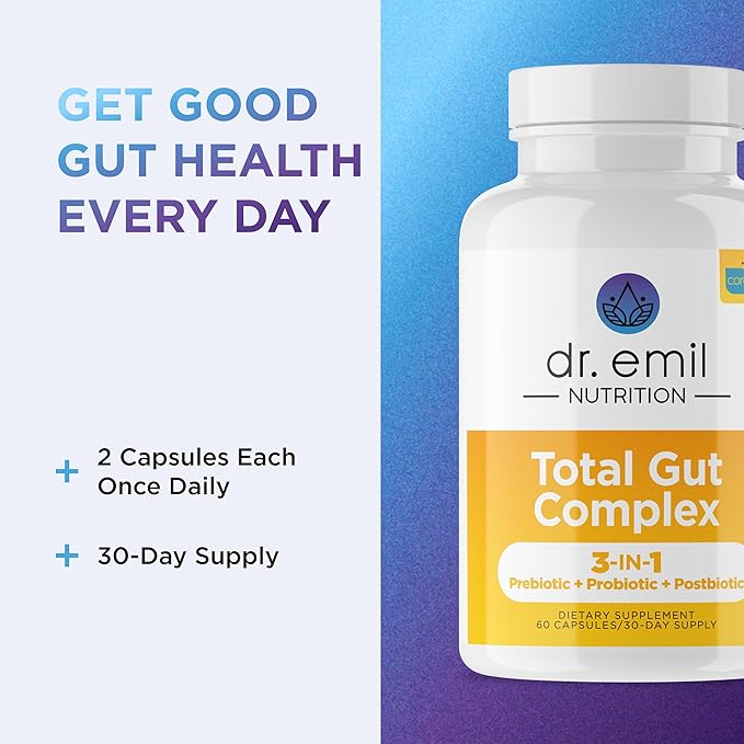 DR. EMIL NUTRITION Women &amp Men Total Gut Health Complex | Prebiotic + Probiotic + Postbiotic Gut Health Supplements | Probiotics Digestive Health &amp Gut Health | 60 Capsules